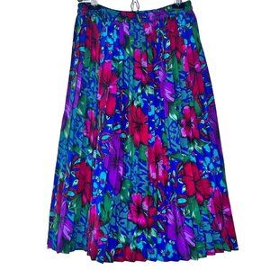 Vintage Handmade Pleated Floral Midi Skirt Blue Purple Cottage Workwear Colorful
